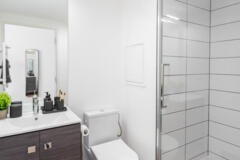 Salle d'eau : vasque, WC et douche